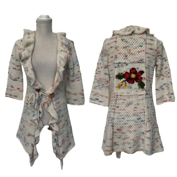 Anthropologie Sleeping On Snow Knit Cardigan Embroidered Cross Stitch Detail S - Picture 1 of 17